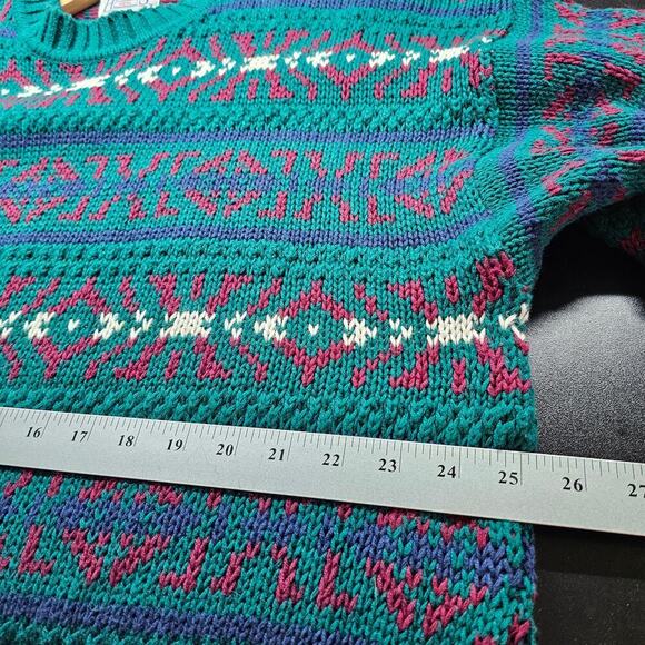 Vintage Honors Sweater Mens Large Green Knit 90s Geometric Preppy Retro Dad - Picture 9 of 9